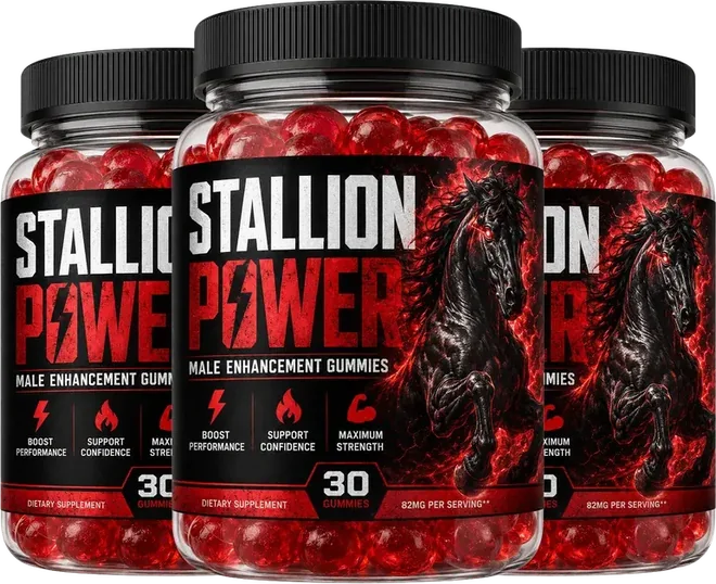 Three Stallion Power gummy bottles: STALLION POWER in white and red on black, 30 Gummies