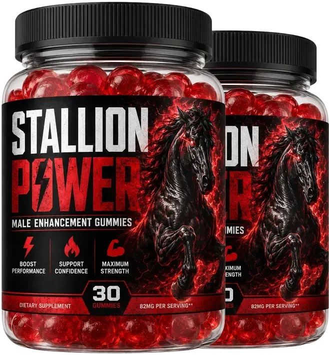 2 Stallion Power gummy bottles with the black and red label