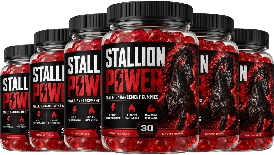 6 Stallion Power gummy bottles with the black and red label