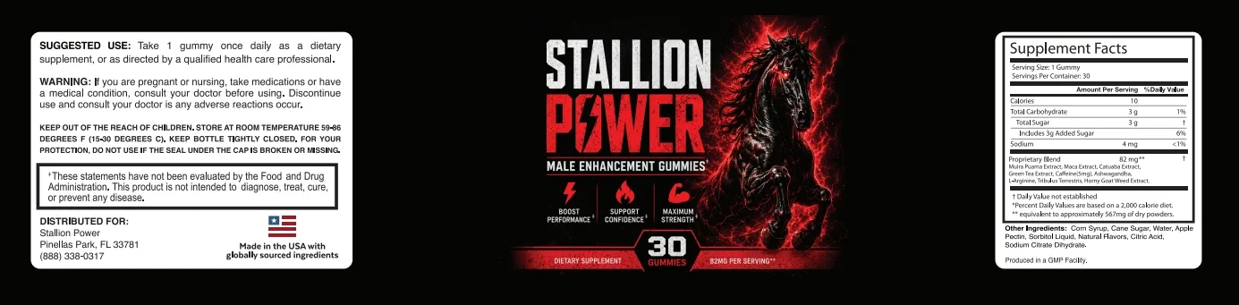 The flat Stallion Power label: directions, warning and FDA statement on the left, STALLION POWER with the horse in the middle, the Supplement Facts panel on the right
