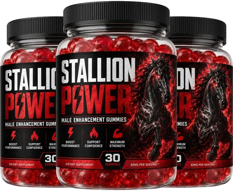 3 Stallion Power gummy bottles with the black and red label
